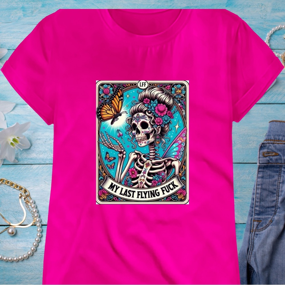 Handcrafted MLFF Tarot Card T-Shirt New Unisex Skull And Butterfly Tee Size XL